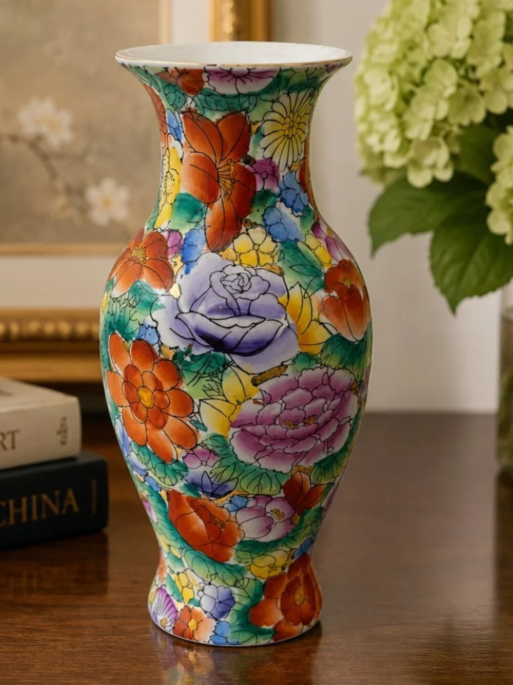VTG Chinese Mille Fleur Rose Floral Porcelain Vase Hand Painted Gold Accents